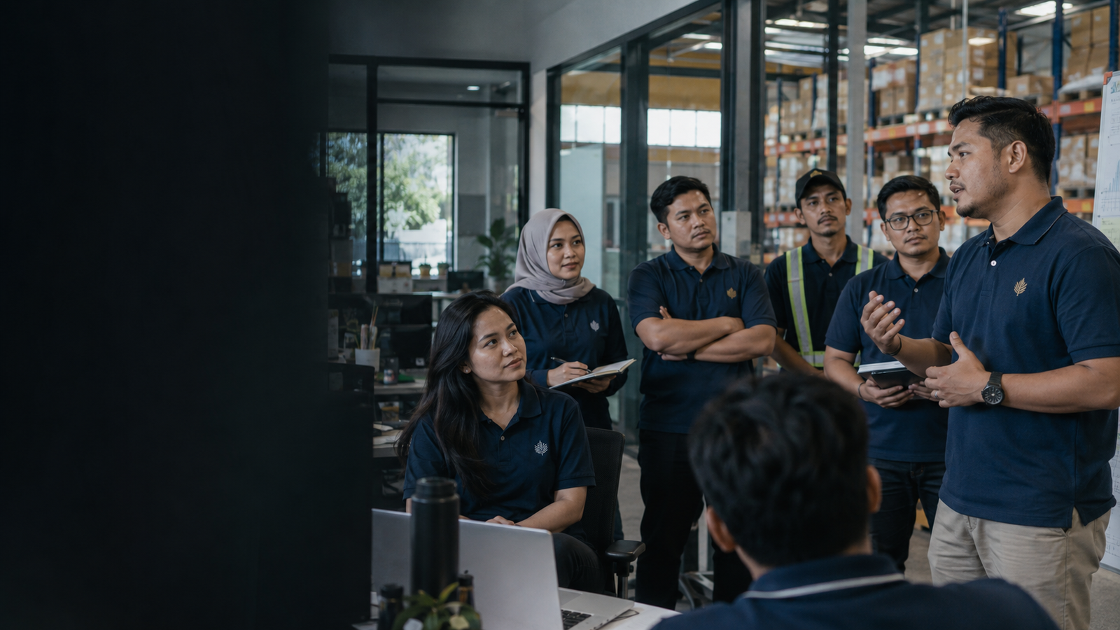 Tim perusahaan memakai polo shirt dengan bordir logo