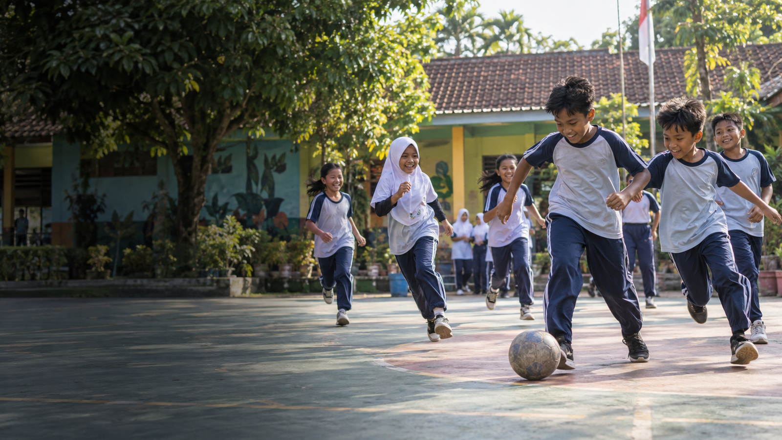 Anak sekolah memakai seragam olahraga custom