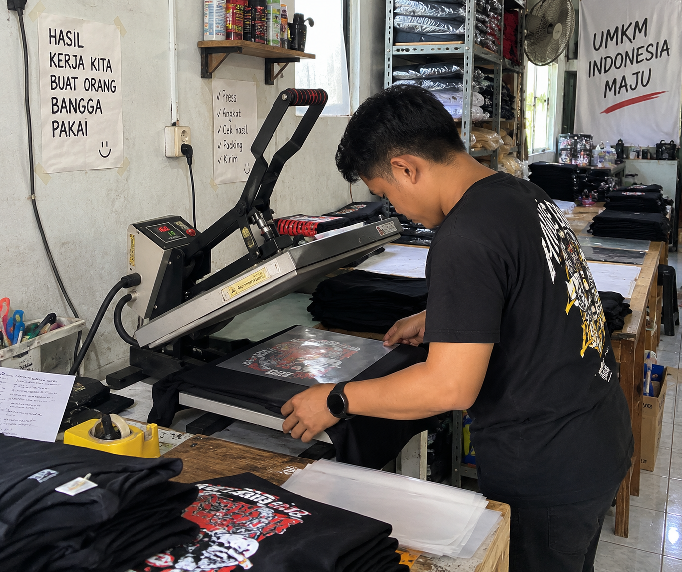 Operator melakukan proses sablon DTF menggunakan mesin heat press